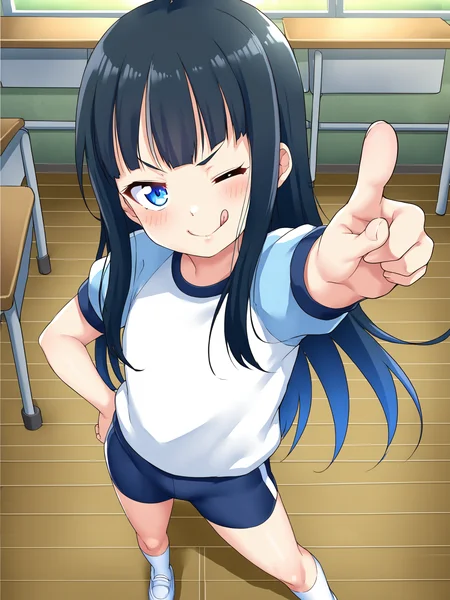 score_9, source_anime, 1girl, solo, full body, from above, standing, black hair, long hair, blue eyes, one eye closed, blush, flat chest, classroom, tongue, smug, gym uniform, pointing at viewer, outstretched arm, hand on hip, foreshortening, <lora:KanabunXL:0.87>