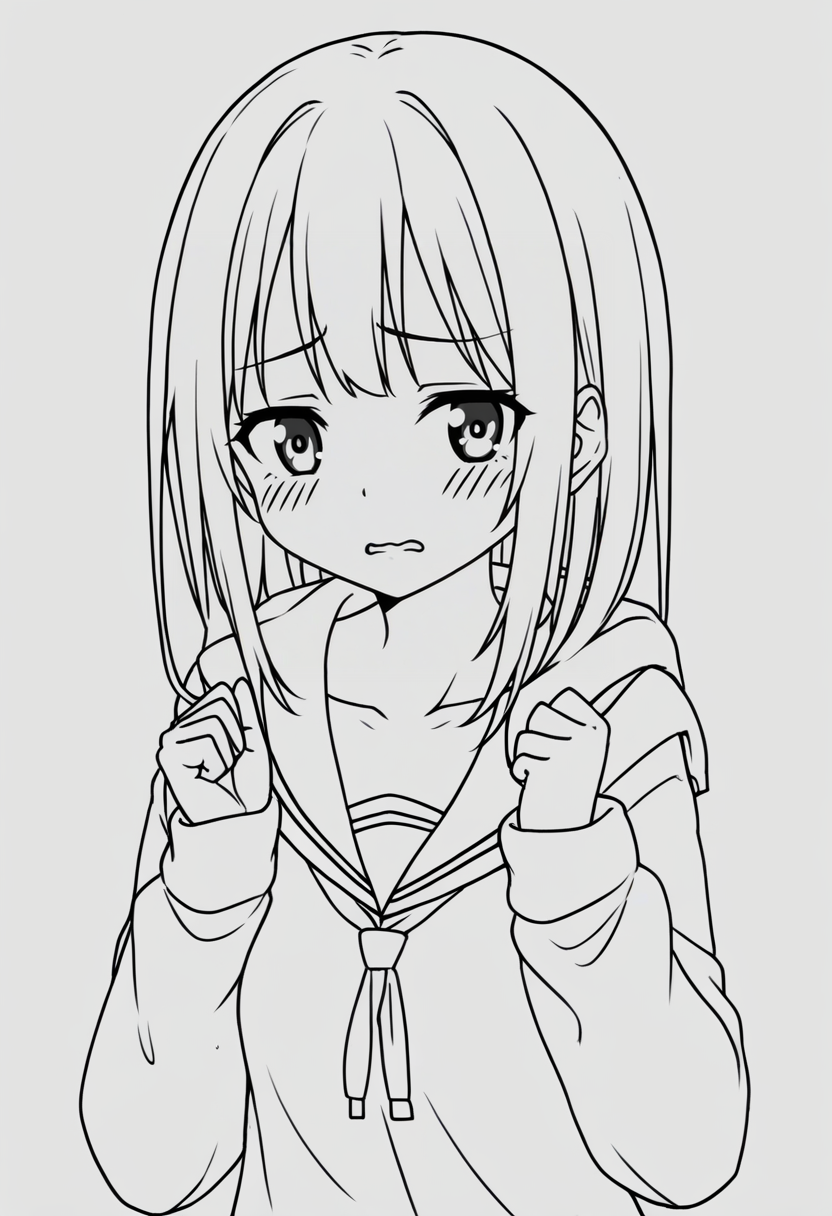 lineart, 1girl, <lora:LineArtF:0.9> hoodie, small breasts, seifuku, 
upper body, embarrassed, 
(simple background), monochrome,
