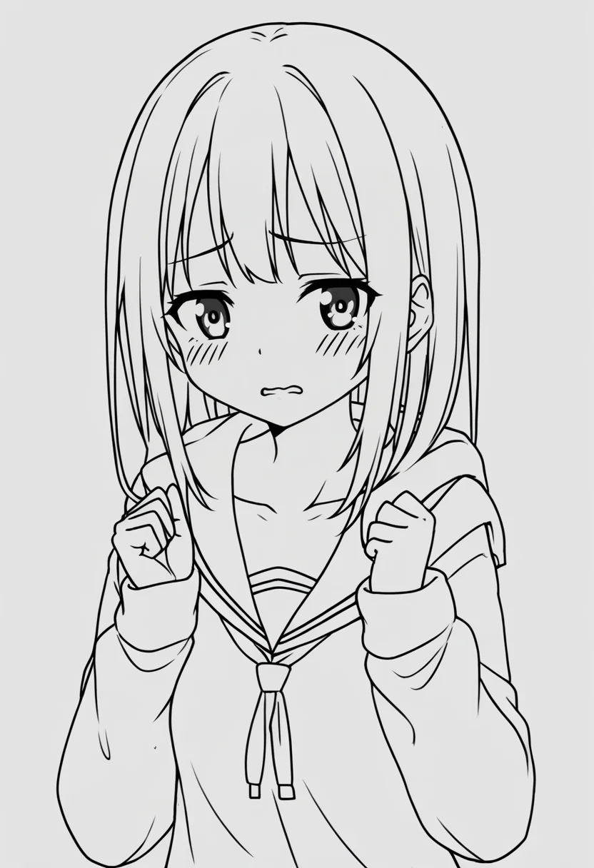 lineart, 1girl, <lora:LineArtF:0.9> hoodie, small breasts, seifuku, 
upper body, embarrassed, 
(simple background), monochrome,