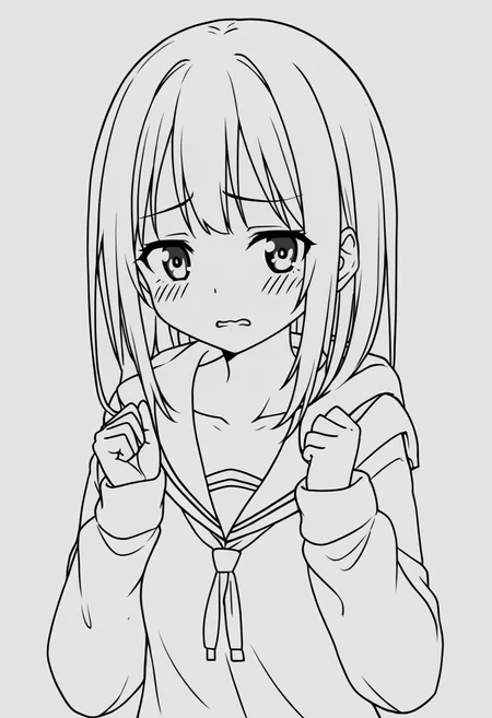 lineart, 1girl, <lora:LineArtF:0.9> hoodie, small breasts, seifuku,
upper body, embarrassed,
(simple background), monochrome,