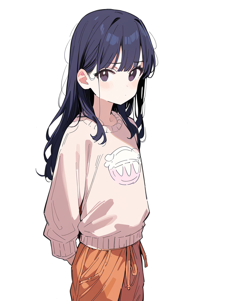 score_9, score_8_up, score_7_up, 1girl, blush, long hair, black hair, looking at viewer, arms at sides, baggy pants, simple background, cowboy shot, closed mouth, long sleeves, sweater, film grain, <lora:gachigachiPonyV2:1>