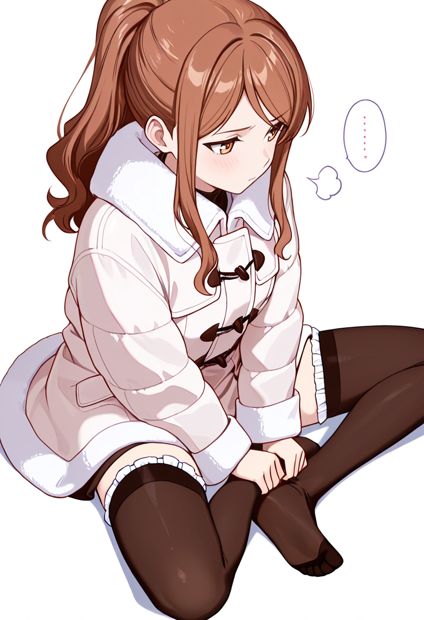 masterpiece,high quality details, absurdres,
 <lora:Aona:0.8> aona_cnr, 1girl, brown hair, long hair, ponytail, brown eyes,, simple background, white background, from above,solo,, frustrated,pensive,, sitting with soles touching,sitting pose,opposite foot planted,, duffle coat  ,fur coat,panel skirt,  ,frilled thighhighs,