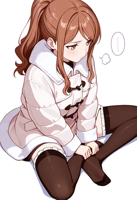 masterpiece,high quality details, absurdres,
<lora:Aona:0.8> aona_cnr, 1girl, brown hair, long hair, ponytail, brown eyes,, simple background, white background, from above,solo,, frustrated,pensive,, sitting with soles touching,sitting pose,opposite foot planted,, duffle coat ,fur coat,panel skirt, ,frilled thighhighs,