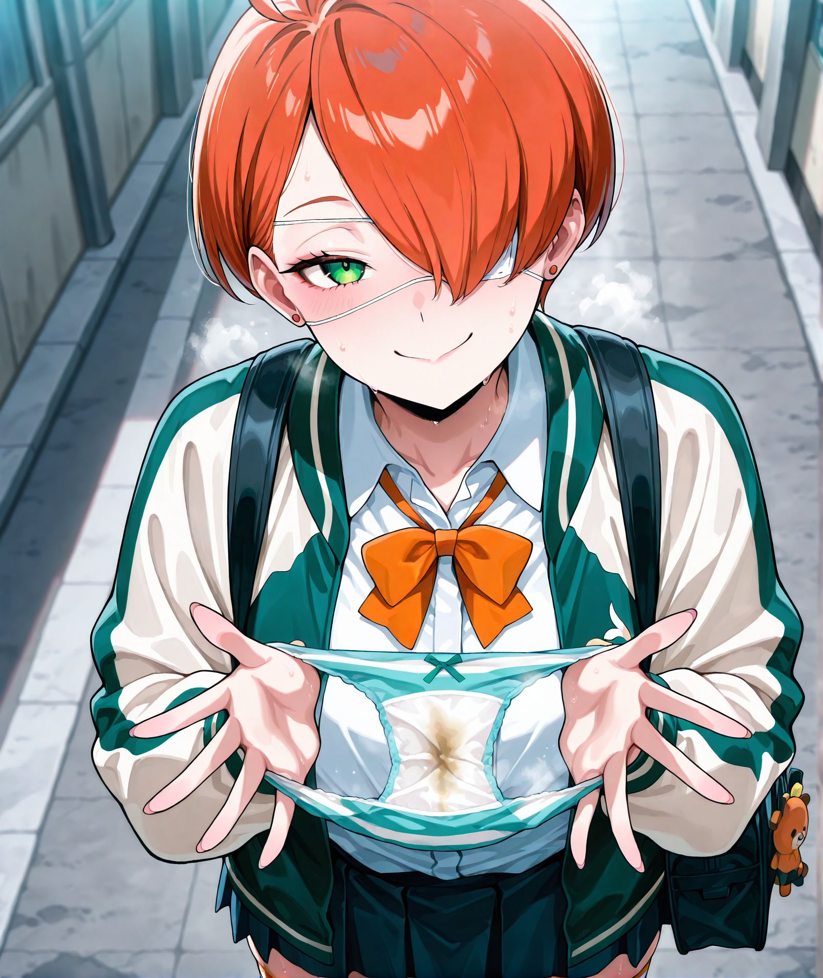 <lora:add-detail-xl:0.5>,,masterpiece, best quality, newest, absurdres, highres, detailed eyes, beautiful, detailed background, perfect eyes, anime coloring, anime screencap,
<lora:Holding_panties:0.7>Holding_pantiesV1,
1girl,underwear,panties,looking at viewer,  steaming body, 
stained panties,(stretching panties with both hands),
upper body, seductive smile, solo, 5fingers,sweat, standing, 
<lora:Kuin Hachisuka illu:1> 1girl, short hair, orange hair, green eyes, white eyepatch, hair over one eye, school uniform, bag, pleated skirt, white shirt, jacket, jewelry,collared shirt, long sleeves, striped thighhighs,
20YO, milf,adult,