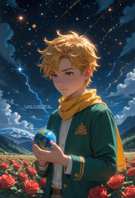detailed background,Cinematic Lighting,film grain,score_9,score_8_up,score_7_up,zPDXL2,masterpiece,best quality,highly detailed,glowing,hand person,Expressiveh, <lora:(增强)sdxl_lightning_8step_lora:1>,<lora:glowneon_xl_v1:1>, <lora:(增强)Hands XL 4:1>,<lora:(增强)Expressive_H-000001:0.8>, <lora:Vixon\Vixon's Pony Styles Astro:0.8> , little prince, a rose, a fox, night sky, universe, yellow scarf, yellow hair, green clothes, 4str0,star \(sky\), earth \(planet\), planet,Le Petit Prince,1child