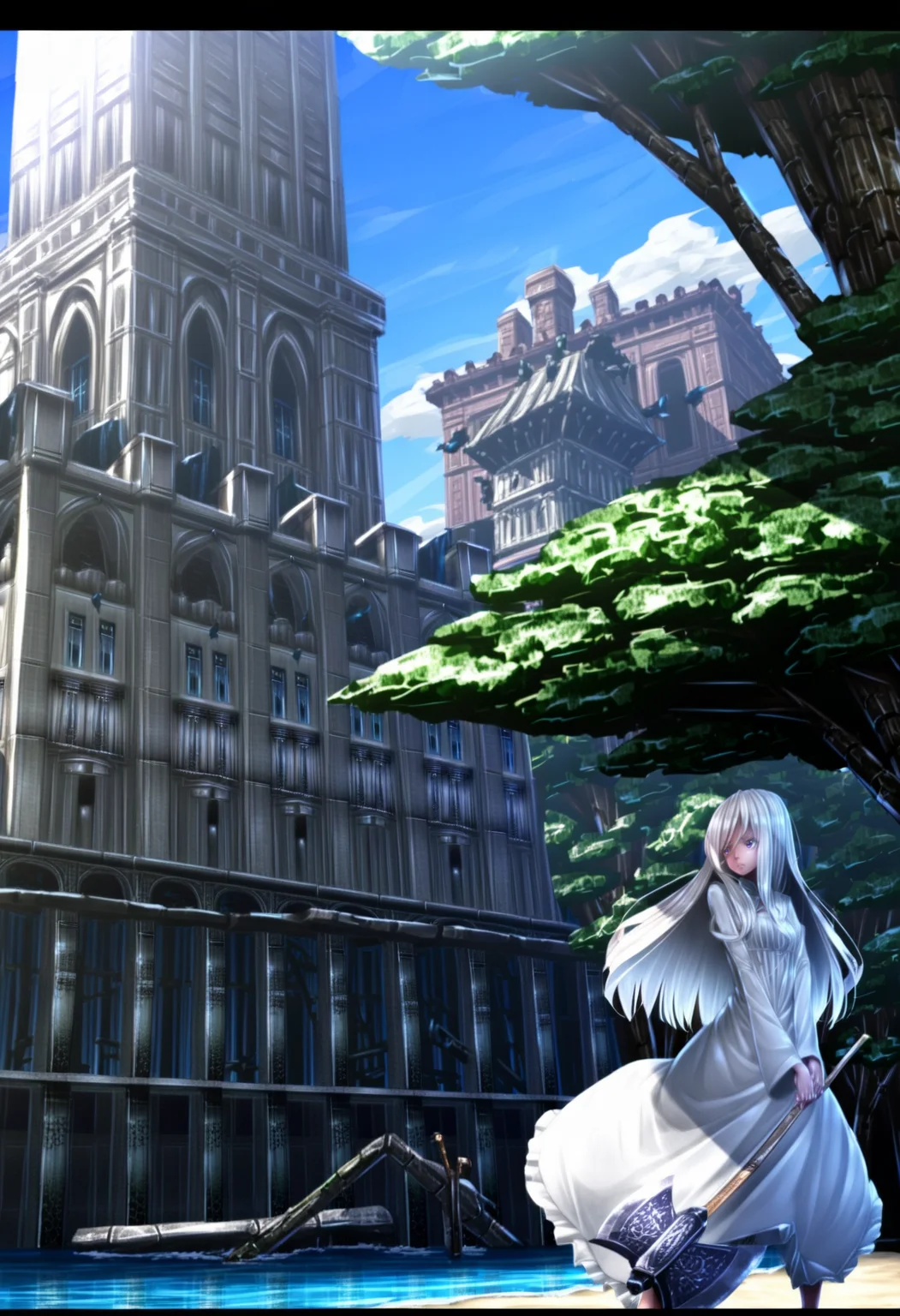 1girl, solo, long hair, dress, white hair, weapon, outdoors, sky, day, cloud, white dress, water, blue sky, tree, ocean, beach, building, letterboxed, scenery, axe, ruins, castle, battle axe, ryosios <lora:ryosios:1>