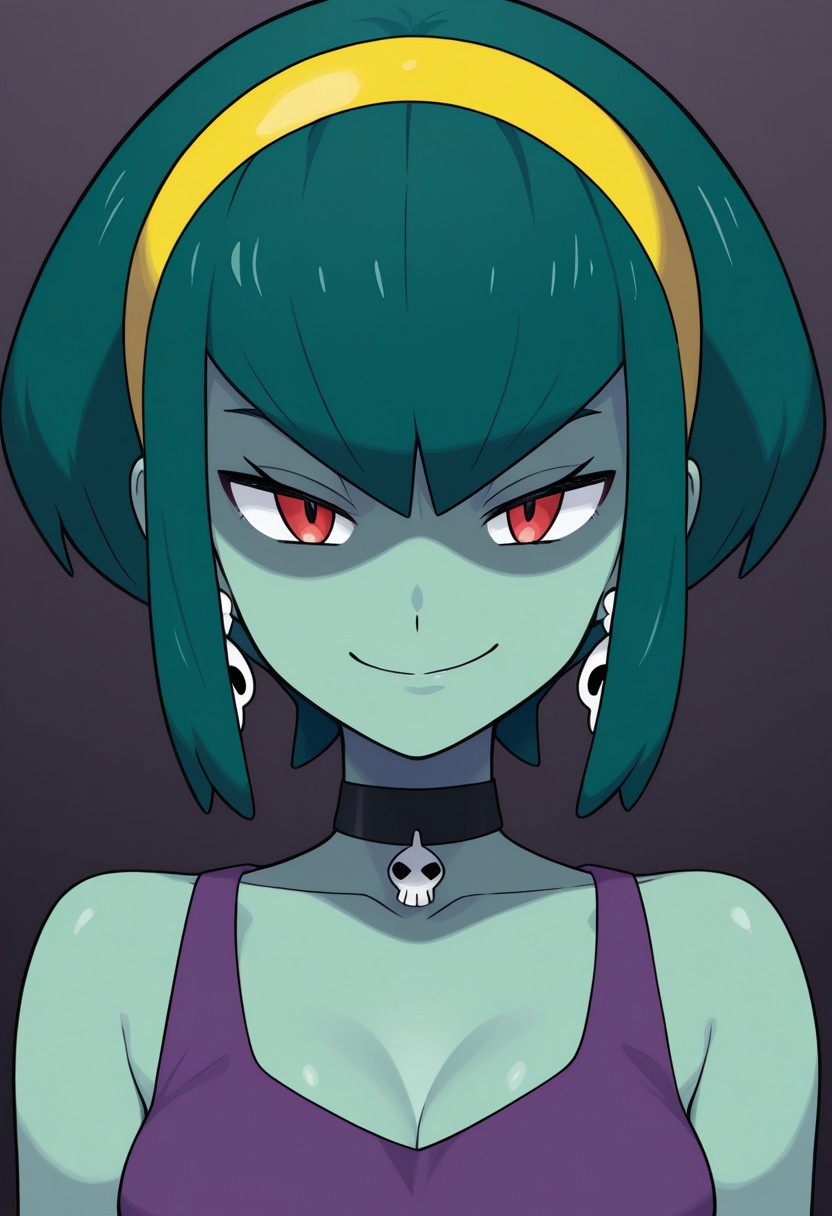 sugimorixd,

1girl, solo, portrait, bangs, sidelocks, hairband, smile, smirk, earrings, jewelry, breasts, cleavage, collarbone, green hair, green skin, colored skin, short hair, red eyes, closed mouth, bare shoulders, medium breasts, skull earrings, yellow hairband, choker, looking at viewer, black choker, zombie, tank top, purple tank top