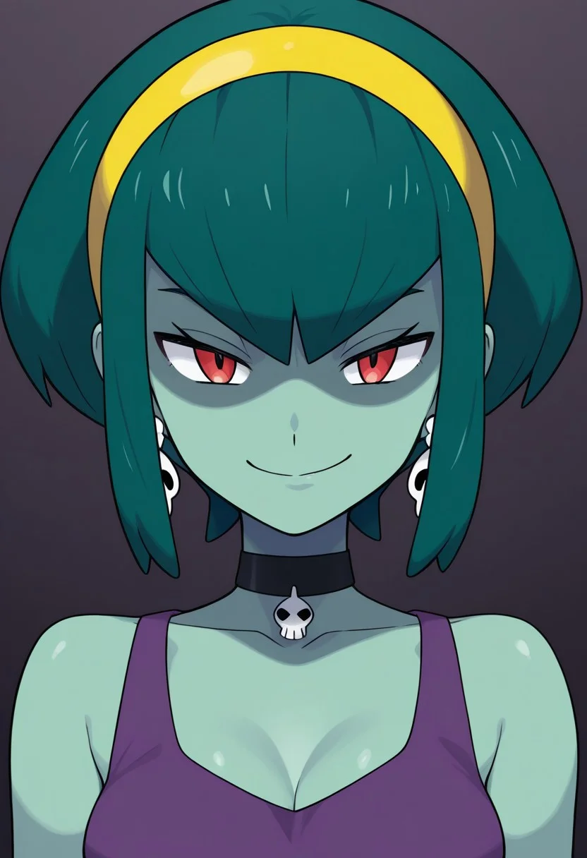 sugimorixd,
1girl, solo, portrait, bangs, sidelocks, hairband, smile, smirk, earrings, jewelry, breasts, cleavage, collarbone, green hair, green skin, colored skin, short hair, red eyes, closed mouth, bare shoulders, medium breasts, skull earrings, yellow hairband, choker, looking at viewer, black choker, zombie, tank top, purple tank top