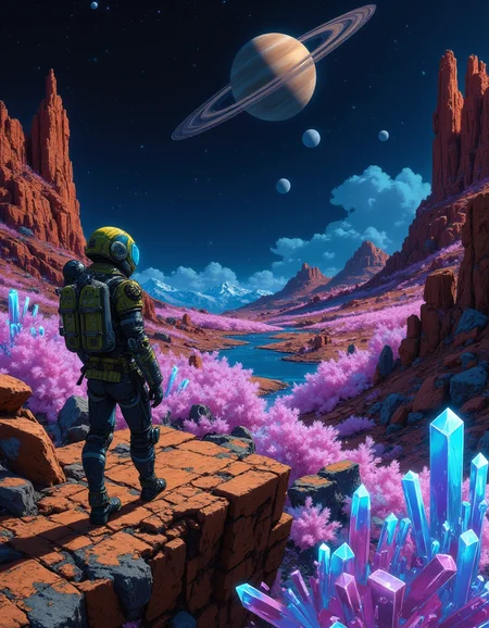 masterpiece, Mecha cybernetic electroshaman leaning on a space ship, overlooking a landscape filled with crystals, planet Saturn with rings in the sky, alien planet, neon shine, vibrant colors, highly detailed, cinematic composition, marbling of lansdscape <lora:MJanime_Flux_LoRa:0.25> anime style <lora:NeonFantasyFLUX:0.5> ne0nfant4sy <lora:Flux1-impossible_geometry_V1.0:0.4> <lora:flux.1_lora_flyway_Epic-detail_v2:0.7>, style by Lawrence Alma-Tadema and William Bouguereau and Édouard Debat-Ponsan