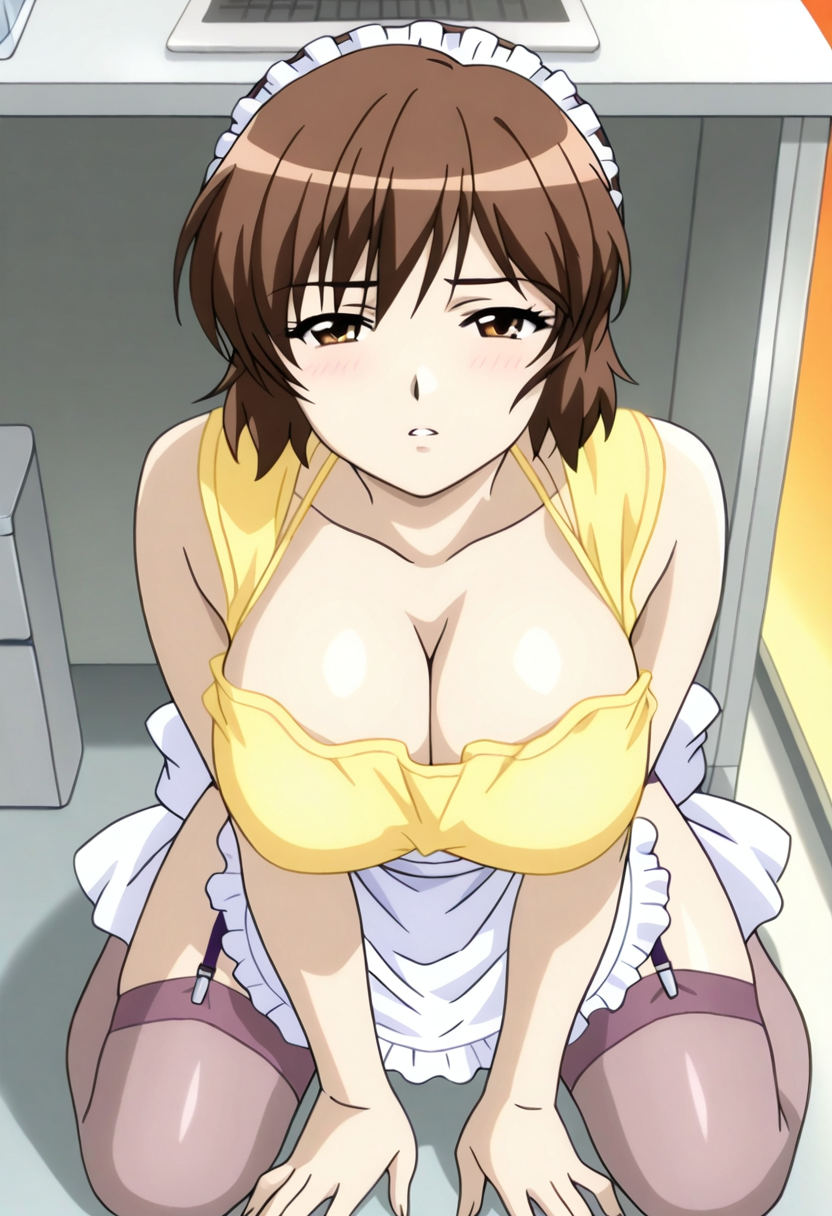 nonomiya momoko,1girl,brown hair,cleavage,brown eyes,short hair,large breasts,apron,maid headdress,garter belt,stockings,yellow sleeveless shirt,from below,Kneeling, hands on ground, looking up, intense expression,looking at viewer,flirty expression,parted lips,Contemporary office, glass desk, sleek design,Sunset,masterpiece,best quality <lora:Nonomiya_Momoko:1.0>