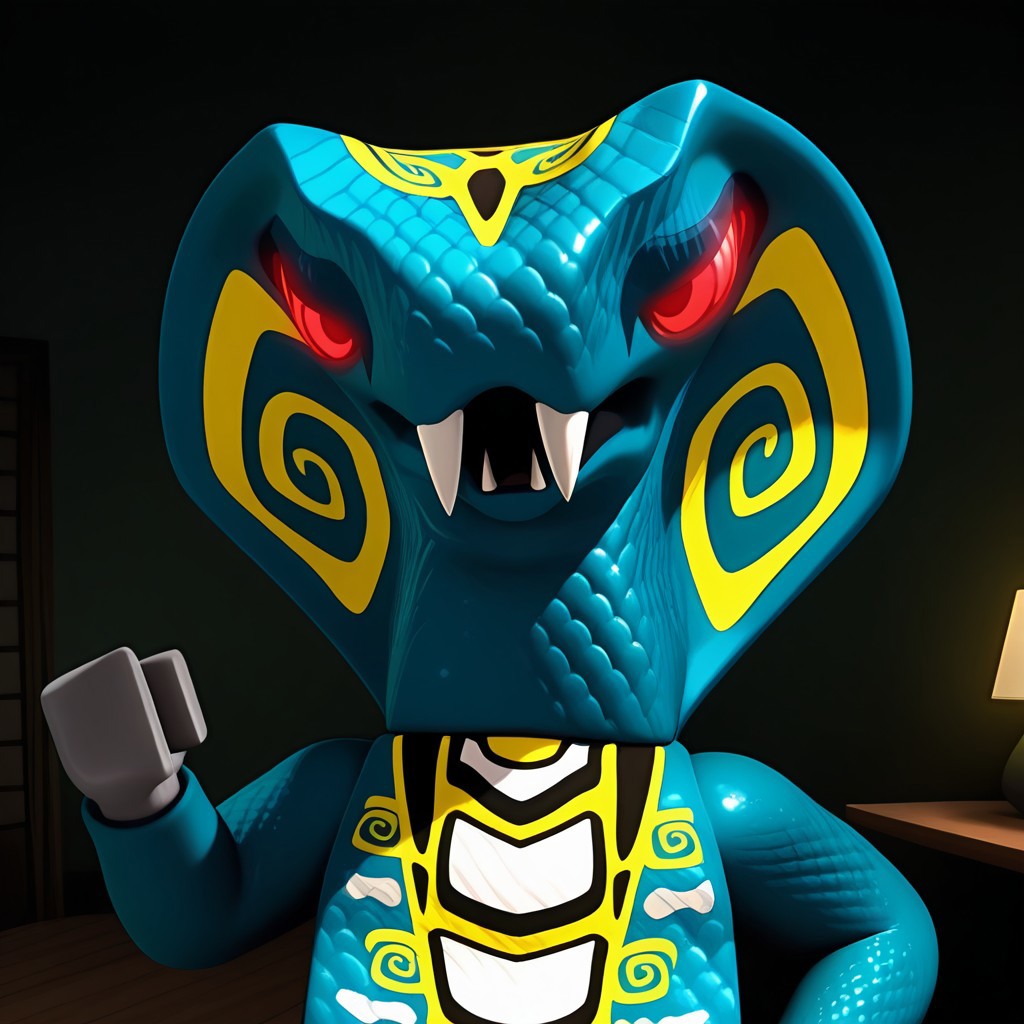 Skales, Hypnobrai, serpentine, snake, small mouth, cobra hood, yellow spirals on hood, teal scales, white yellow light grey and black body markings, head markings, body markings, long tail, very long tail, tail markings, no legs, apode, grey hands, fangs, red glowing eyes, dark red pupils, spirals in eyes, dark eye liner, pointed teeth, 2 fangs, short neck, solo, male, 1boy, no humans, 3D, volumetric lighting, perfect lighting, detailed scales, shiny scales, masterpiece, best quality, amazing quality, very aesthetic, absurdres, newest, high quality, hand on hip, unamused, half lidded eyes, annoyed, looking at viewer, close up, bust, photo, posing, living room, room, indoors