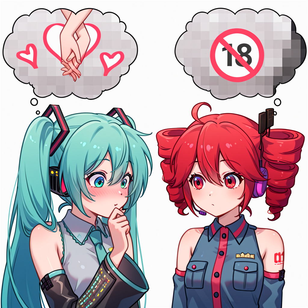 masterpiece, best quality, amazing quality, another_ship_dynamic_i_enjoy_(meme), 2girls, thought bubble, imagining, thinking, holding hands, mosaic censoring, hatsune miku, kasane teto, <lora:another_ship_dynamic_i_enjoy_meme:1>