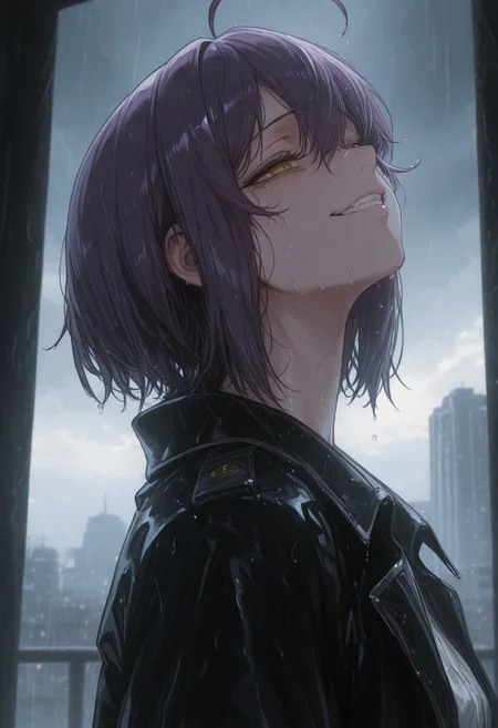 rain,outdoor,city,depth field,cloudy day,dark light,wet,wet hair,rain drop from face,tired face,evil smile,clentched teeth,expression less,looking stright,
portrait，detail background,1girl, Hiiragi Utena, Mahou Shoujo ni Akogarete,standing,purple hair, short hair, ahoge, yellow eyes,from side, head up，black coat ,white shirt,masterpiece, best quality, very aesthetic,volumetric lighting, ,ambient occlusion,4y4_Sh000b000n,dark_art_style