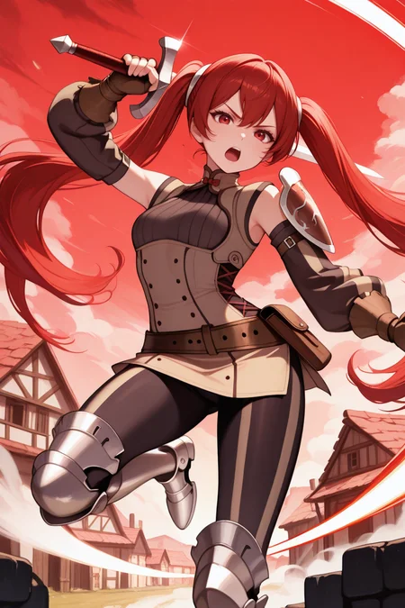 masterpiece, best quality, 1girl, solo, <lora:fesevera-illu-nvwls-v1-000006:1> serabase, red hair, twintails, very long hair, hair between eyes, red eyes, light brown dress, short dress, black sweater, sleeveless dress, detached sleeves, light brown sleeves, brown belt, fingerless gloves, brown gloves, single pauldron, black leggings, striped leggings, armored boots, holding sword, looking at viewer, slashing, jumping, midair, red sky, smoke, village, open mouth, serious