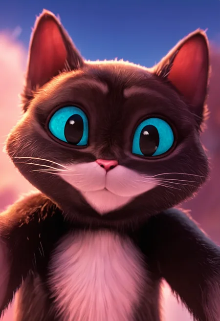 score_9, score_8_up, score_7_up, score_6_up, rating_safe, source_cartoon, source_furry, perspective, close up, (ksp:1.2), black anthro female cat, two tone fur, big eyes, looking at viewer, solo, (cute smile:1.2), no hands visible, looking at viewer<lora:Kitty_Softpaws_v2_9_4:0.75>