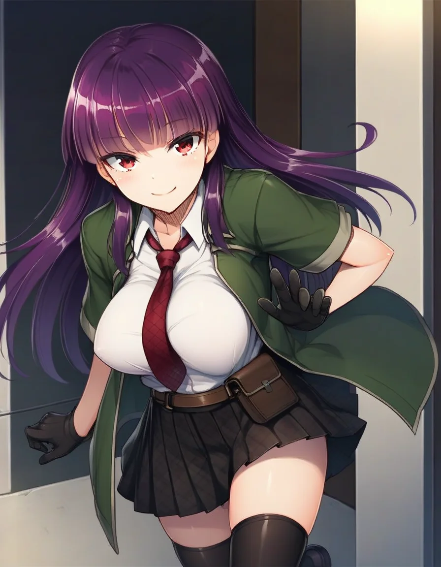 score_9,score_8_up,score_7_up,score_6_up BREAK official art,solo,outdoors,smile,(portrait:1.5),looking at viewer,facing viewer,Arino,long hair,purple hair,straight hair,sidelocks,blunt bangs,red eyes,school uniform,green jacket,blazer,open clothes,open jacket,red necktie,white shirt,collared shirt,dress shirt,large breasts,skindentation,short sleeves,black gloves,brown belt,belt pouch,miniskirt,black skirt,pleated skirt,plaid skirt,zettai ryouiki,black thighhighs,cross-laced footwear,black footwear,<lora:Arino(krk)-Pony:1.5>,<lora:Smooth Anime Style LoRA XL:0.8>,