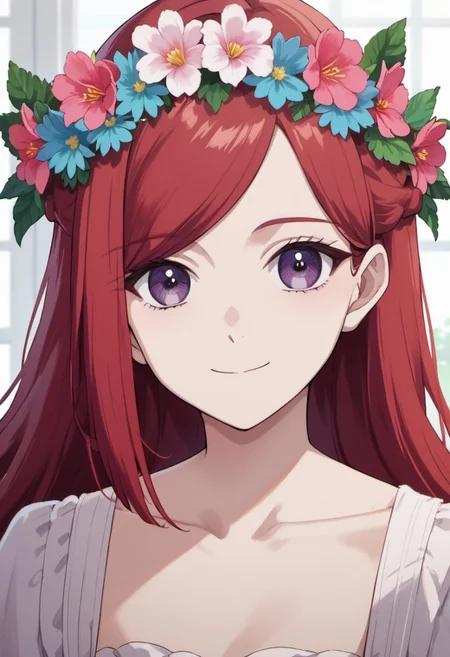 score_9, score_8_up, score_7_up, source_anime,pride royal ivy, red hair, long hair, purple eyes, 1girl, solo, smile, head wreath, collarbone, closed mouth, flower, looking at viewer