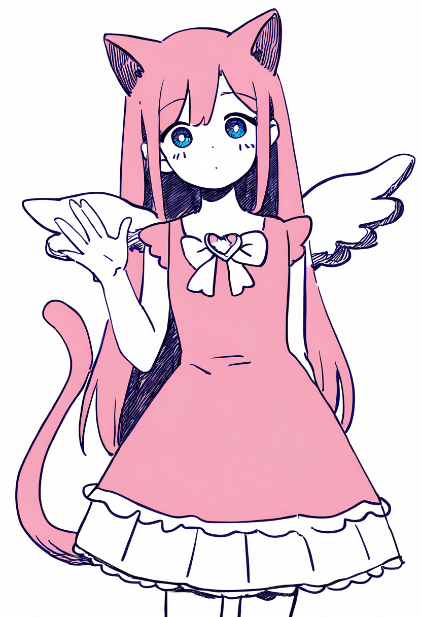 masterpiece, best quality, very aesthetic, absurdres,
monochrome, greyscale, sketch, 
1girl, angel wings, animal ears, blue eyes, cat ears, cat girl, cat tail, dress, long hair,
looking at viewer, magical girl, pink hair, pink theme, solo, tail, waving, wings, yume kawaii, yume ne,      <lora:OmoriNoobLocon_byKonan:1>,