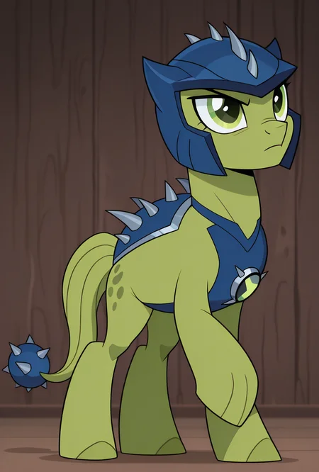 <lora:ulthum-09:1> ulthum, spikes, solo, no humans, green eyes, green skin,, , 1boy, , blue helmet <lora:pony-il:1> mikus-style , pony, mlp, masterpiece, best quality, amazing quality, very aesthetic, absurdres, newest,