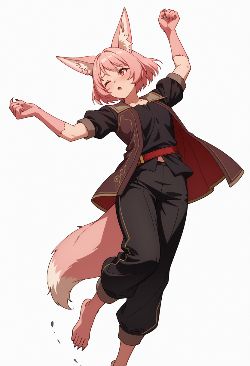 Smooth Quality,masterpiece,very intricate, high quality details, ultra realistic, high detailed skin,detailed enviorement,absurdres,
simple background, white background, dancing, solo,dynamic angle,
 <lora:Til_CNR:0.8> til_cnr, 1girl,pink hair, short hair, bangs, red eyes, animal ears, fox ears, animal ear fluff, fox tail, furry female, animal hands, claws, black shirt,open jacket,puffy short sleeves,black pants, belt,barefoot,, embarrassed,, ;o,