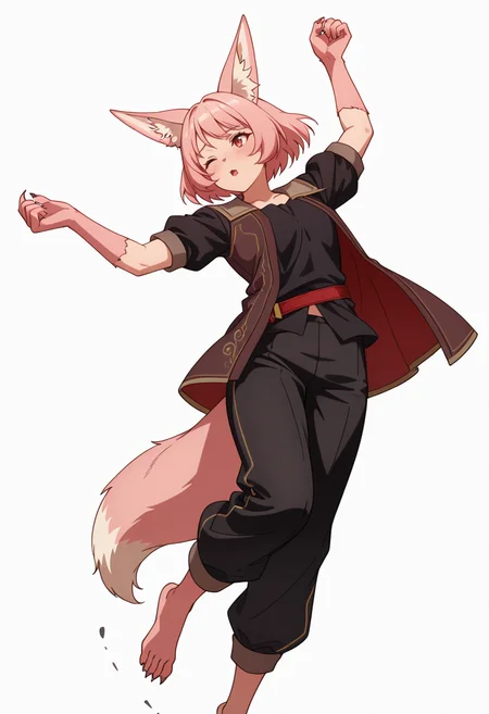 Smooth Quality,masterpiece,very intricate, high quality details, ultra realistic, high detailed skin,detailed enviorement,absurdres,
simple background, white background, dancing, solo,dynamic angle,
<lora:Til_CNR:0.8> til_cnr, 1girl,pink hair, short hair, bangs, red eyes, animal ears, fox ears, animal ear fluff, fox tail, furry female, animal hands, claws, black shirt,open jacket,puffy short sleeves,black pants, belt,barefoot,, embarrassed,, ;o,