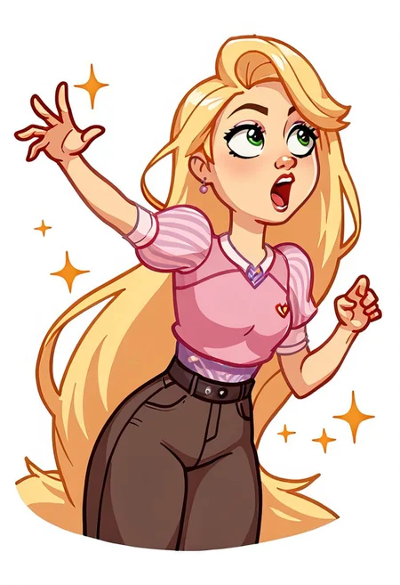 score_9, score_8_up, score_7_up, score_6_up, score_5_up, score_4_up, Stickersr, white background, solid outline, 1girl, Rapunzel, dynamic pose, expressive emotions