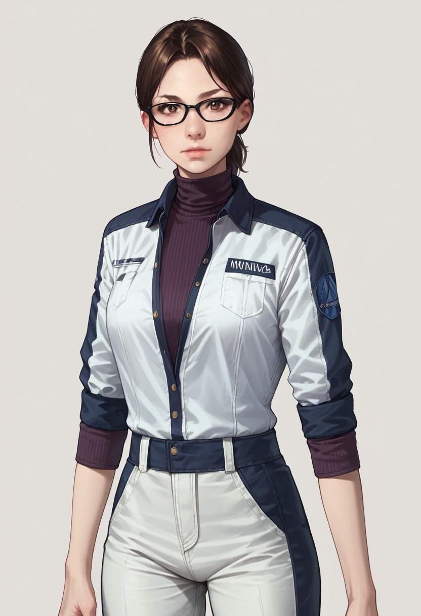 score_9, score_8_up, score_7_up, score_6_up, source_realistic, BREAK 1girl, solo, ninataylor, brown hair, short ponytail, brown eyes, glasses, uniform jacket, turtleneck, uniform pants,
