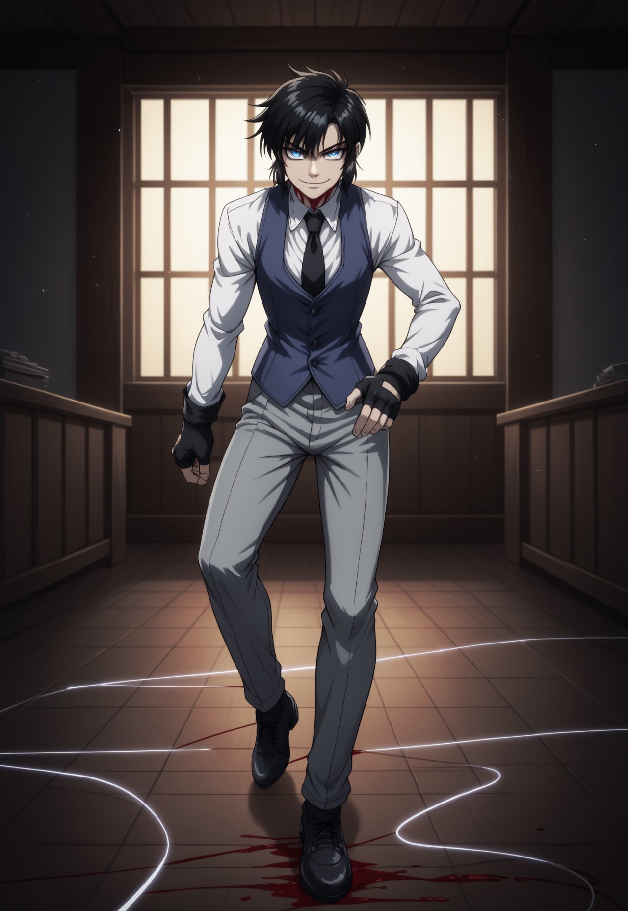 safe_pos, score_9, score_8_up, score_7_up, masterpiece, best quality, YoungWalter, solo, 1boy, male focus, black hair, short hair, blue eyes, white shirt, black necktie, blue vest, black gloves, fingerless gloves, grey pants, black shoes, full body, evil smirk, dynamic pose, thread, string, garrote, blood on floor, perspective, indoors, manor