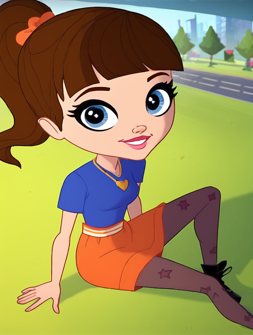<lora:blythebaxter-05:1> blythemazz sitting on grass, tree shadows, bid angle shot, high angle shot,looking at viewer, big head, orange short skirt, blue top, golden heart shaped necklace, tights with heart patterns, black shoes, brown hair, ponytail, straight bangs, sideburns,  blue iris with white radial concentric lines , solo , smile, blue sky park background, skyscrapers in the background, city, looking at viewer, high grass, shading, score_9, score_8_up, score_7_up, score_6_up, score_5_up, score_4_up,