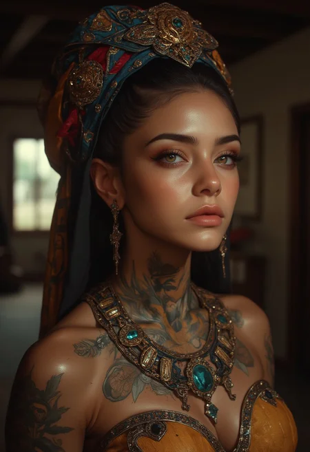 Create an over the shoulder portrait of a beautiful woman, bare neck and shoulders, emphasizing the details of her skin, ornate headdress, and intricate tattoos. She gazes directly at the viewer with an intense, alluring and sensual expression. Her flawless skin contrasts with the vibrant colors of her traditional African tattoos, visible on her neck and shoulders. Her hair is elegantly pulled up into her headdress, adorned with exquisite jewelry that catch the soft, atmospheric light. Her makeup enhances her features: natural complexation with a very subtle blush, glossy lips, and subtly defined eyes that convey mystery and allure. The background is a softly blurred interior of a traditional African setting, with warm, muted colors that complement her appearance and enhance the intimate mood. The overall composition is highly detailed and realistic, with intricate textures and rich colors. Soft, dramatic lighting highlights the contours of her face and the intricate designs of her headdress and tattoos. The mood blends sexuality with subtle intensity, capturing beauty in an evocative and atmospheric portrait, (((ultra-realistic style))), realistic soft lighting, dark, eye-catching, atmospheric lighting, natural, shallow depth of field, (highlights: 0.8), high detail (dynamic, sincere, cinematic shot, film grain, bokeh, depth of field)