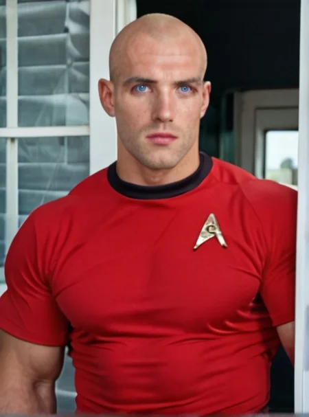 1boy, 20 year old male, Handsome, masculine, blonde, star trek, red shirt, muscle, tall, tight shirt, wide pectorals, big shoulders, wide shoulders, muscular neck, German, bald, big pale blue eyes, abs, biceps,
stunf, star trek uniform,