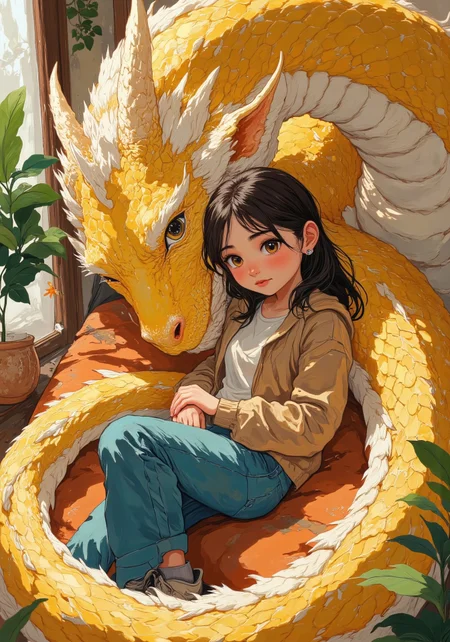 Masterpiece, best quality, ultra-detailed, 8K. Whimsical fantasy illustration, ultra-detailed, high quality. A massive, sleek dragon with shimmering gold and white scales snuggles cozily with a woman with dark wavy hair wearing casual clothes. Cozy, humorous atmosphere, warm lighting, cartoon realism, expressive character details, soft textures, fantasy slice-of-life vibe. DB4RZ, DB4RZ style painting, Anime art, aidmamj6.1