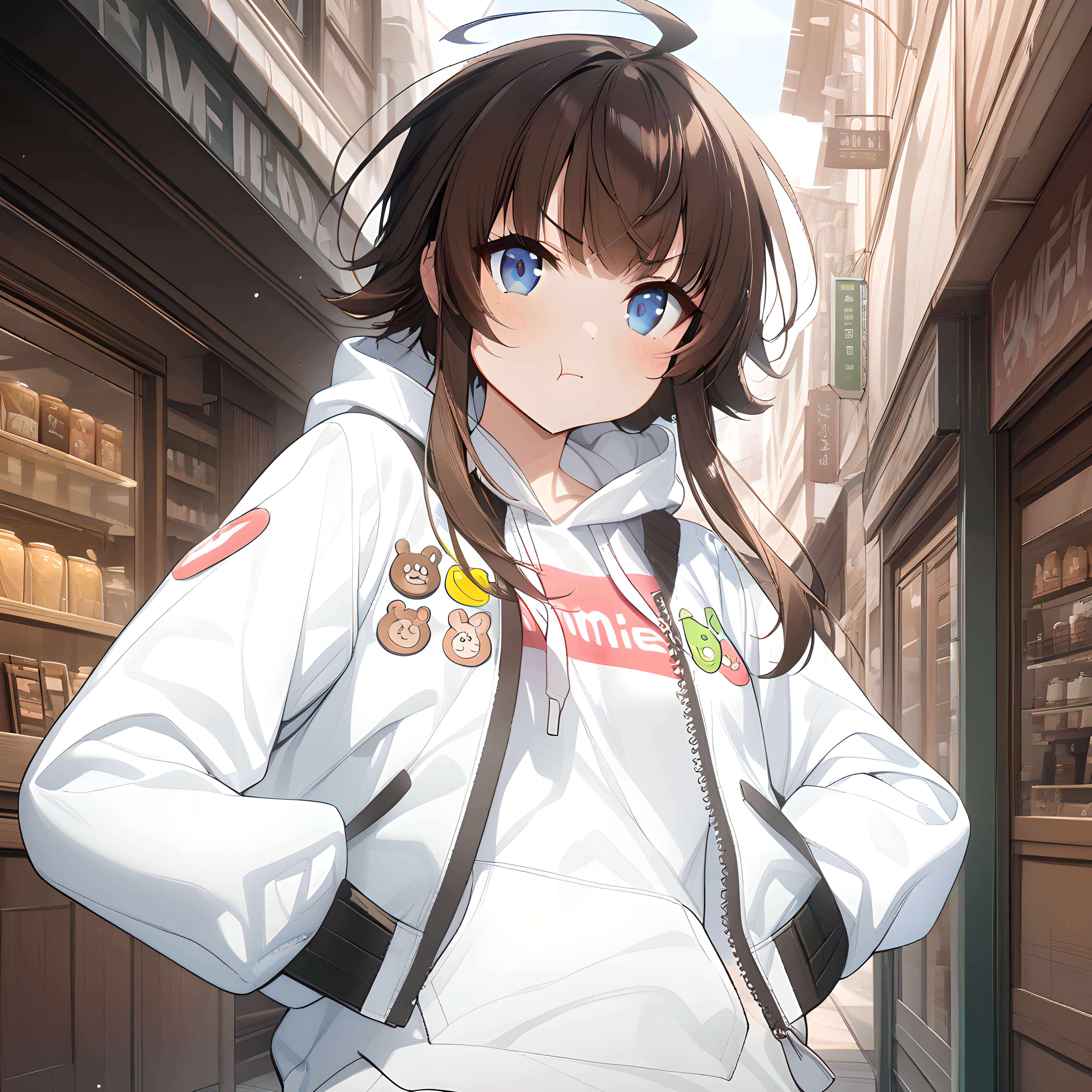(masterpiece),(best quality),(ultra-detailed),(best illustration),(best shadow),(absurdres),(detailed background),(very aesthetic), yang harim, hood, solo, 1girl, hood down, blue eyes, ahoge, brown hair, white jacket, sleeves past wrists, jacket, white hoodie, long sleeves, market background, defaultoutfit, pout, looking at viewer, close-up, portrait, hands on waist, proud, hands inside jacket pocket, <lora:Yang_Harim:1>