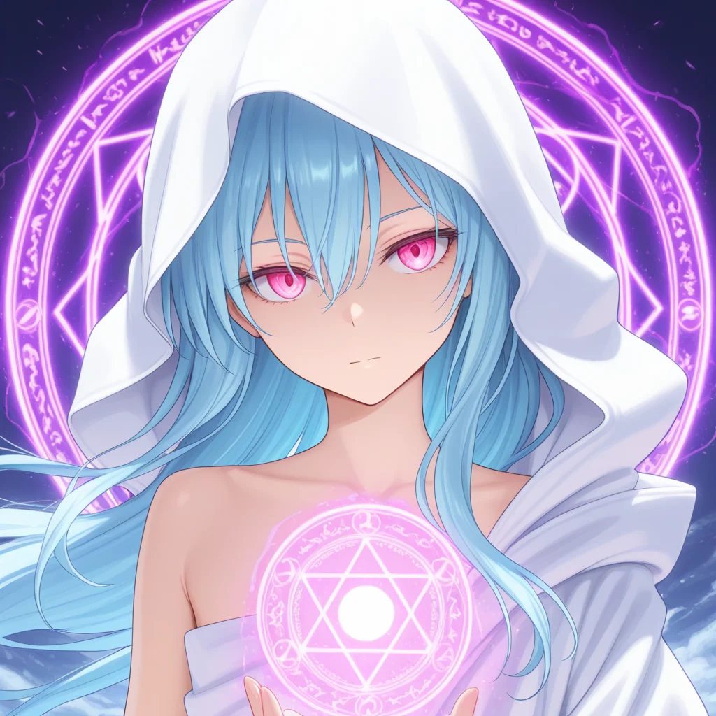 masterpiece, colorful, amazing_quality, best_quality, <lora:raphael-v1-000009:0.8> ts-raphael, 1other, white hooded_robe, portrait, glowing, androgynous, head tilt, floating hair, right_bare_shoulders, magic circle, upper body,