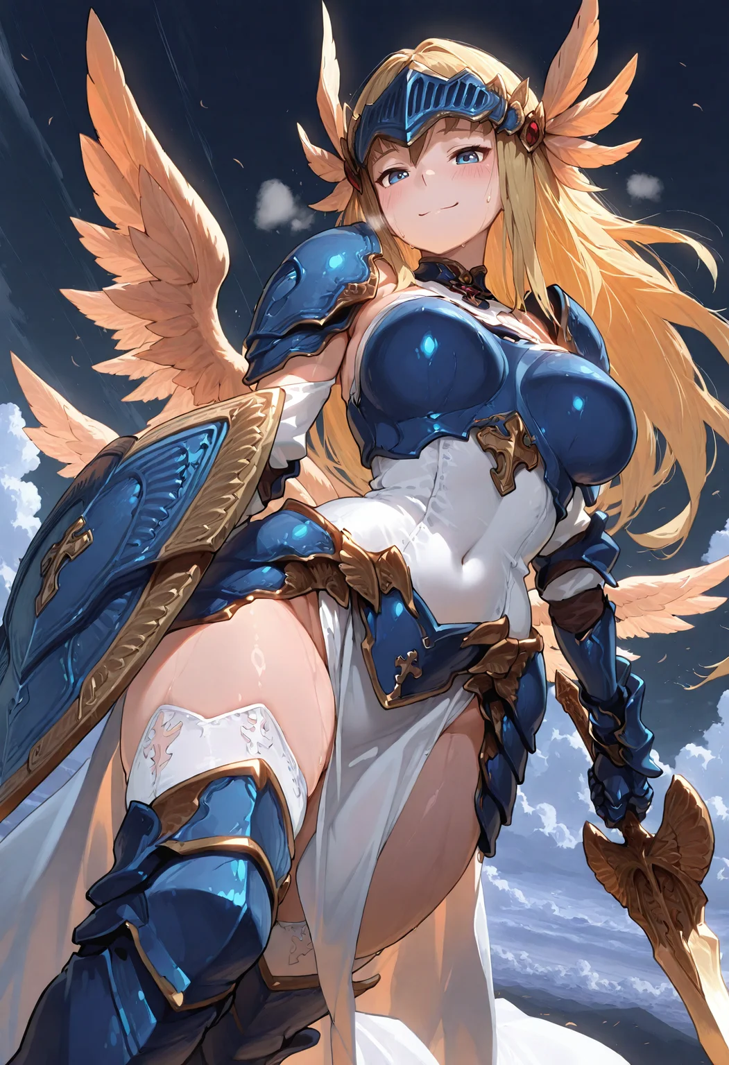 masterpiece, best quality, amazing quality, absurdres, soft, contrast, dim lighting, dark background,
1girl, solo, 20yo, curvy,
valkyriemge, blonde hair, revealing armor, blue eyes, white pelvic curtain, long hair, blue greaves, white thigh highs, layered clothes, blue choker, blue gauntlets, thighhighs, gold sword, blue armor, white dress, cross, lace, blue shield, gold trim, covered navel, yellow wings, valkyrie, multiple wings, holding sword, feathered wings, visor, head wings, blue visor
sweat, blush, breath, smile,
looking at viewer, detailed background, cinematic, volumetric lighting, reflective surface, clouds,
dynamic angle, dynamic pose, foreshortening, perspective,
<lora:StS-Illustrious-Detail-Slider-v1.0:3>, <lora:illustrious_quality_modifiers_masterpieces_v1:0.5>,<lora:Dramatic Lighting Slider:1.7> <lora:More_interesting_backgrounds:0.6>
<lora:valkyriesmge-000008:1>