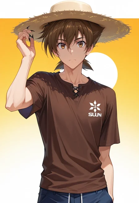 masterpiece, best quality, intricate details, , looking at viewer, 1boy, solo, male focus, <lora:issei_hyoudou_ilxl:0.92>, issei_hyoudou, brown hair, brown eyes, hair between eyes, short hair, boosted gear, claws, , , sun hat