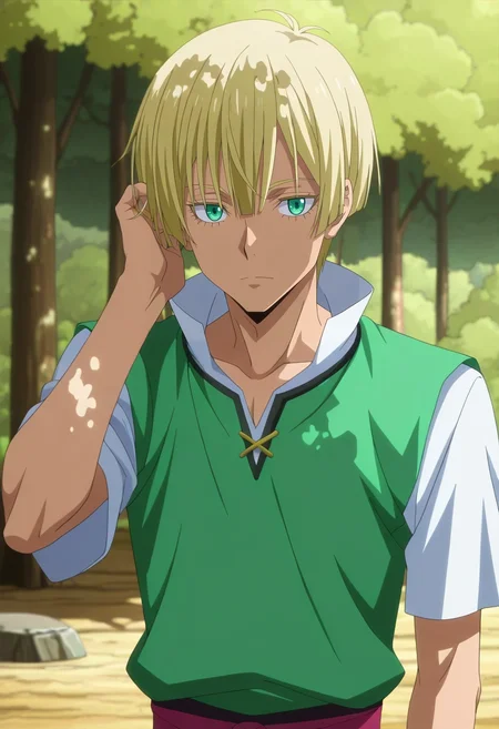 masterpiece, best quality, anime screencap, anime coloring, official style, intricate details, , 1boy, male focus, jade eyes, dirty blonde hair, high and tight haircut,, solo, forest glade, dappled sunlight, seated on stone, hand in hair, peaceful expression, soft shadows, <lora:tensura_style_ilxl:1>, tensura_style,