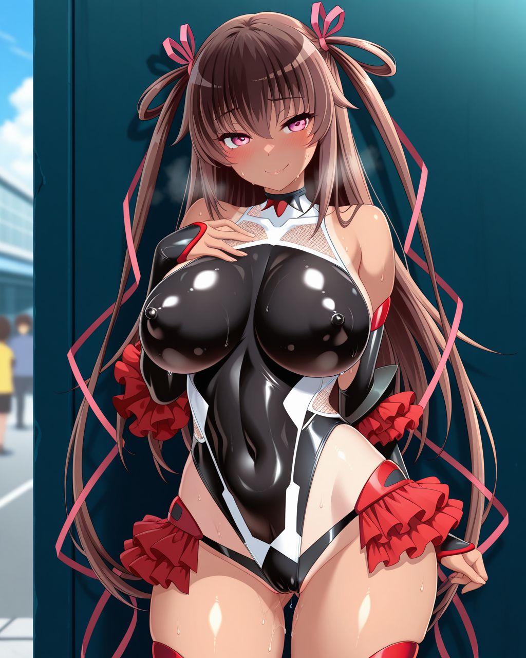 solo, standing, BREAK
1girl,big breasts,lovestruck,seductive smile,in heat,embarrassed,BREAK
(transcend :0.2),brown hair,mizuki yukikaze \(cosplay\),BREAK
shiny skin,erect nipples,outdoors, sweat,BREAK
masterpiece,best quality,amazing quality,explicit,  <lora:SM_N_ILL_r2:0.8>