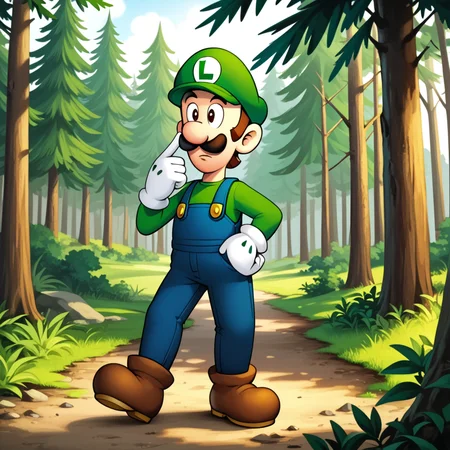 score_9, score_8_up, score_7_up, score_6_up, score_5_up, (Luigi:1), tall, green l cap, rating safe, (official Nintendo artwork, full body:1), brown hair, white gloves, blue overalls, green shirt, brown boots, solo, forest, trees, pine trees, alpine, walking, side, ferns