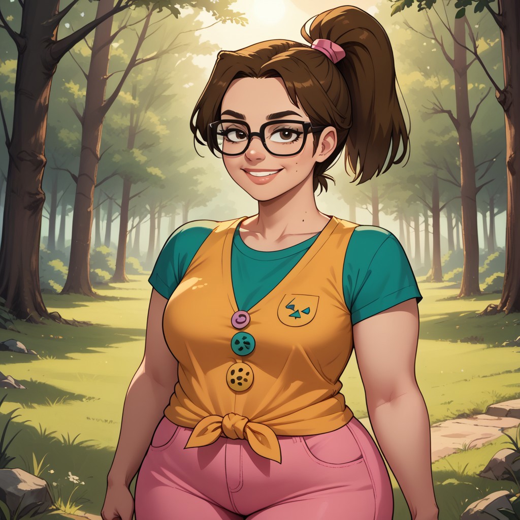 score_9, score_8, BREAK, solo, tied shirt, pink pants, glasses, brown hair, ponytail, mole under mouth, button badges, plump, curvy, sneakers, total drama, Beth_(Total_Drama), cute, breasts, sexy pose, self portrait, smile, outdoors, sunlight, shadows, evening lighting, natural lighting, forest, trees, grass, orange sky, sunset