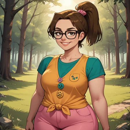 score_9, score_8, BREAK, solo, tied shirt, pink pants, glasses, brown hair, ponytail, mole under mouth, button badges, plump, curvy, sneakers, total drama, Beth_(Total_Drama), cute, breasts, sexy pose, self portrait, smile, outdoors, sunlight, shadows, evening lighting, natural lighting, forest, trees, grass, orange sky, sunset