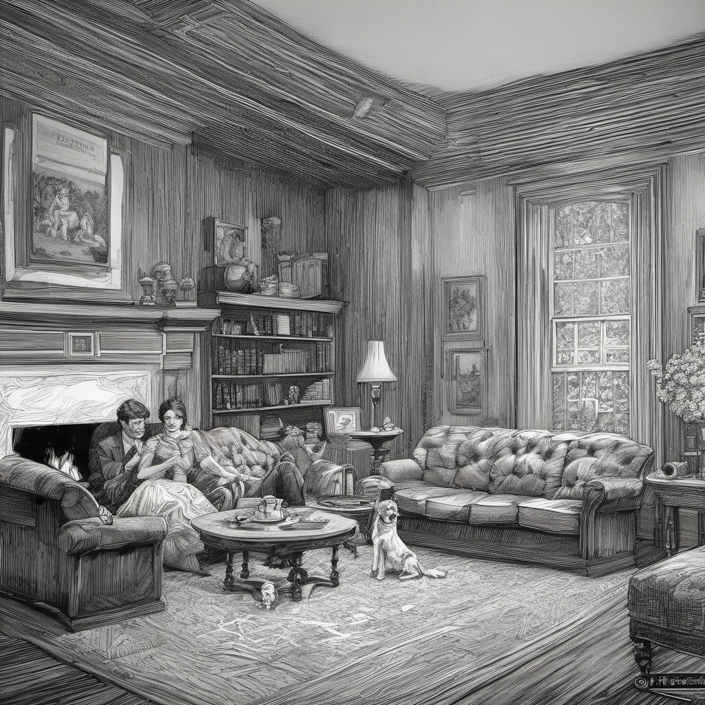 <lora:franklinbooth_xl-000006:1>a ink drawing in the style of franklinbooth,  fireplace, sofa, dog, people sitting, tea time, high ceiling