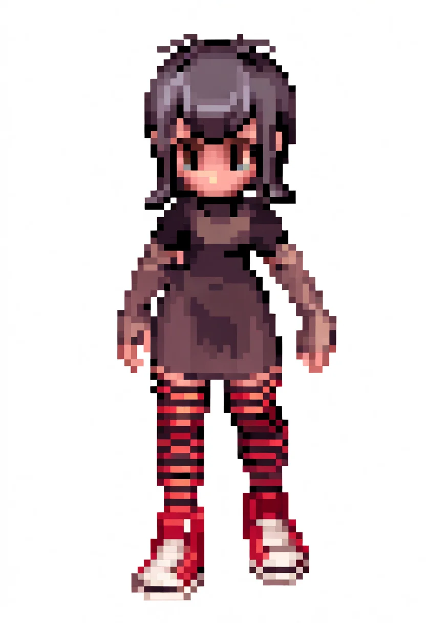 best quality, amazing quality, very aesthetic, absurdres,
pixel,
1girl, mavis, black hair, bangs, blue eyes, black lips,
black dress, bridal gauntlets, short sleeves, red sneakers, striped thighhighs,
full body, simple background, white background, <lora:RagnarokSpriteNoob_byKonan:1>, <lora:MavisNoobXL_byKonan:1>