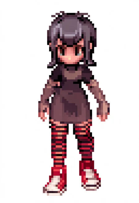 best quality, amazing quality, very aesthetic, absurdres,
pixel,
1girl, mavis, black hair, bangs, blue eyes, black lips,
black dress, bridal gauntlets, short sleeves, red sneakers, striped thighhighs,
full body, simple background, white background, <lora:RagnarokSpriteNoob_byKonan:1>, <lora:MavisNoobXL_byKonan:1>