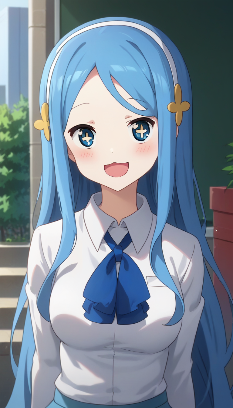 score_9,score_8_up,masterpiece,best quality,correct anatomy,anime_source,1girl,solo,perfect eyes,perfect arms,perfect legs,perfect face,outdoors,upper body,(portrait:1.5),looking at viewer,facing viewer,smile,:d,blush,Sylphynford Tachibana,very long hair,blue hair,hair ornament,white hairband,sidelocks,forehead,bangs,blue eyes,star-shaped pupils,+_+,:3,open mouth,school uniform,blue bowtie,neck ribbon,blue ribbon,white shirt,collared shirt,long sleeves,medium breasts,blue skirt,fur trim,white thighhighs,zettai ryouiki,loafers,<lora:Sylphynford Tachibana(huc)-Pony:1.6>,