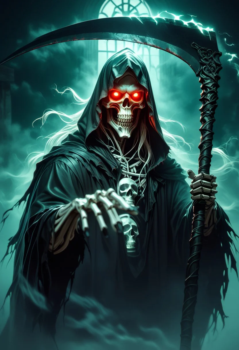 score_9,score_8_up,score_7_up, A dark, atmospheric scene set in an ancient, eerie cemetery under a stormy sky. The grim reaper with a large scythe stands tall, his figure looming over the gravestones. His torn clothes billow in the wind, showing intricate, weathered fabric with frayed edges. The reaper’s skeletal face is partially obscured by a hood, with glowing eyes peering through the shadows. Around him, ethereal souls are barely visible, lurking in the dark corners of the cemetery, their forms hauntingly transparent, drifting among the tombstones. An unsettling mist rises from the ground, enveloping the graves. Dramatic, high-contrast lighting highlights the reaper’s figure and scythe, casting long shadows over the broken headstones. The atmosphere is chilling and filled with an ominous sense of dread and power. The scene is rendered in hyper-realistic detail, with the scythe's gleaming metal and the tattered cloth vividly captured. The spirits in the background add a haunting depth, creating a perfect dark fantasy visual for ArtStation’s trending aesthetic.