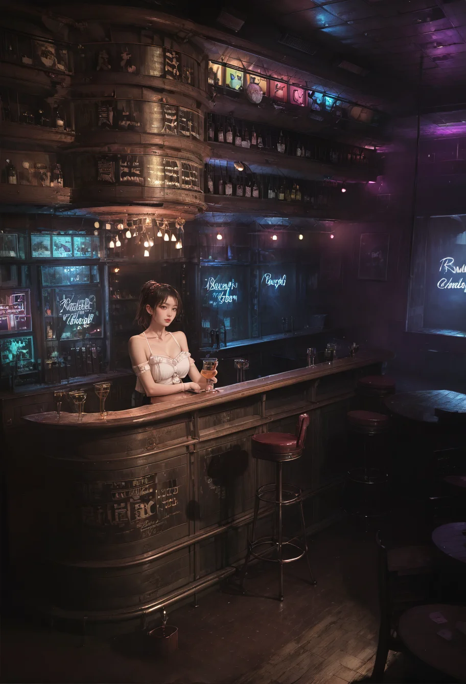 ,ruanyi1098,bar \(place\),neon lights,<lora:1098 bar_v1_pony:1>, score_9,score_8_up,score_7_up,,8k,1girl,solo,,