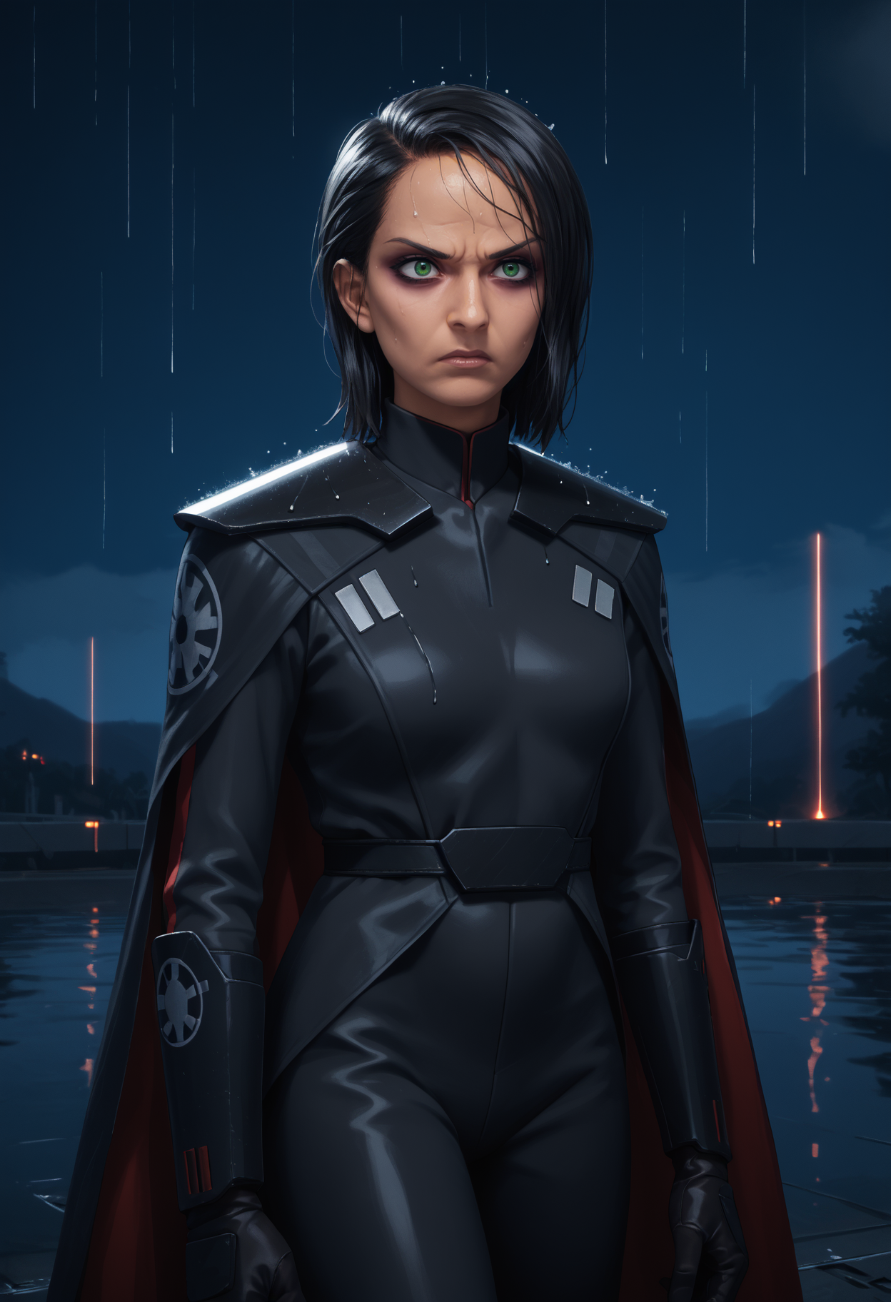 score_9, score_8_up,score_7_up, source_anime, 1girl, solo, <lora:trllsdr_pdxl_EliPot:1> swtrsu, medium hair, black hair, green eyes, mature female,
shoulder pads, emblem, black bodysuit, insignia, cape, bodysuit,
makeup, disgust, standing, v-shaped eyebrows, 
night, rain, space port, spacecraft, smoke, reflection,