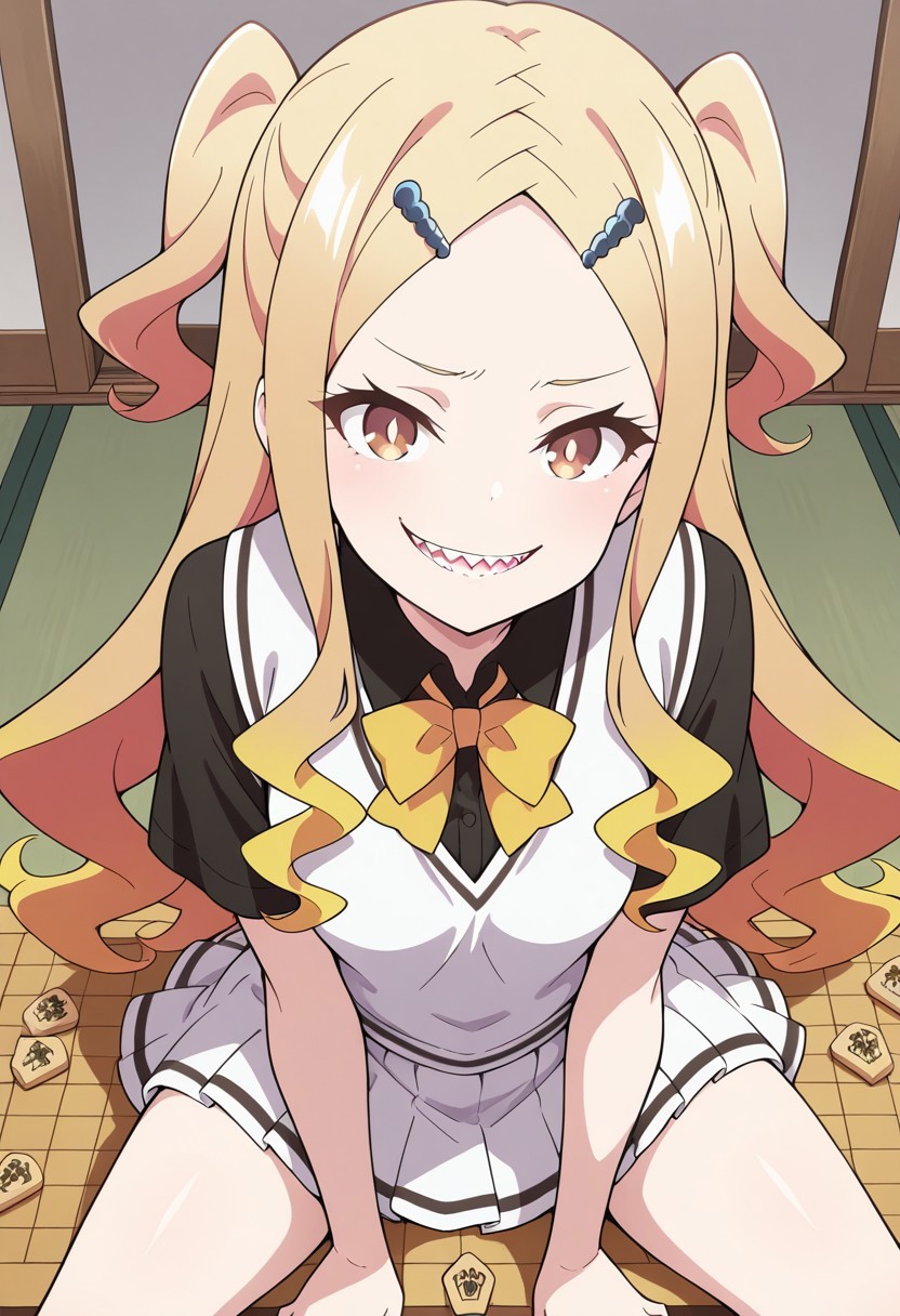 masterpiece, best quality, amazing quality, 1girl, solo, BREAK
ikarno,blonde hair,long hair, two side up, hair ornament, brown eyes,shark teeth,school uniform, black shirt,yellow bowtie, white pleated skirt,
BREAK looking at viewer, board game,shogi,