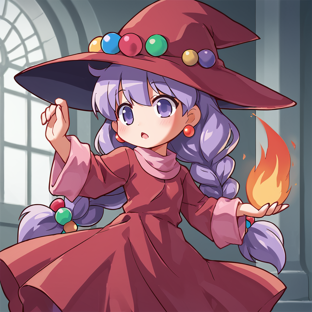 score_9, score_8_up, score_7_up, BREAK source_anime, best quality, masterpiece, 1girl, solo,<lora:monstermaker_pony:0.8>rufia, purple hair, long hair, twin braids, purple eyes, red witch hat, jewelry, red dress, red robe, long sleeves, red skirt, long skirt, (chibi:1.2), fire, magic, dynamic pose, in ruins, inside